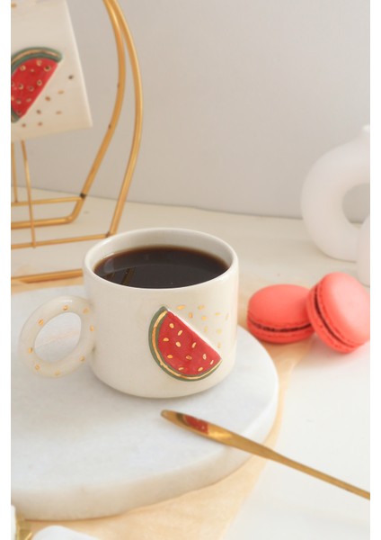 El Yapımı Karpuz Figürlü 24K Altın Dekorlu Seramik Mug 200ML