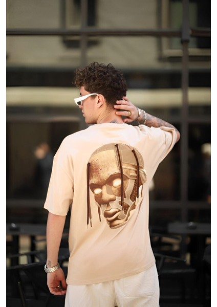 Unisex Ribanalı Bisiklet Yaka Jack Cactus Mask Baskılı Dabıl Oversize Tshirt