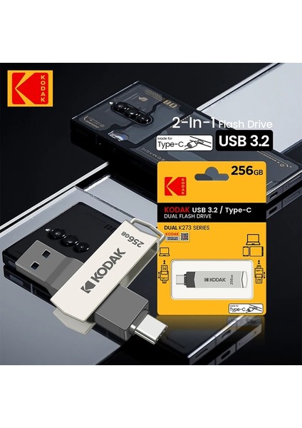 K273 256Gb.Type-C ve USB 3.2 Type-C Girişli Tüm Cihazlara İphone15/16 Serisine Uygun ve İphone Dönüştürücü Hediye Yüksek Hızlı Usb Otg Flash Bellek Çift Giriş Metal Sağlam Orjinal