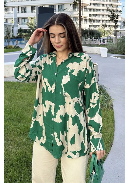 Kadın Yeşil Uzun Kol Arkası Pliseli Salaş Dökümlü Viskon Gömlek