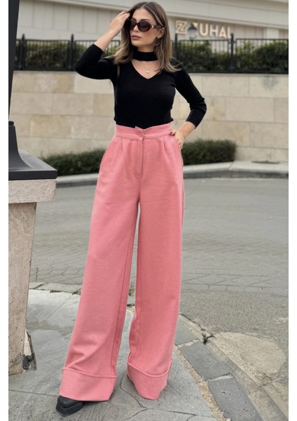Kadın Pembe Duble Paça, Beli Pliseli, Fitilli Kaşe Kumaş, Ispanyol Pantolon