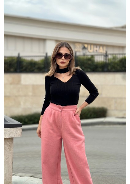 Kadın Pembe Duble Paça, Beli Pliseli, Fitilli Kaşe Kumaş, Ispanyol Pantolon fiyatları