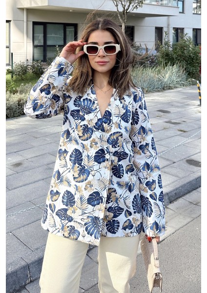 Kadın Mavi Desenli, Uzun Kol, Düğme Kapamalı, Kruvaze Ceket