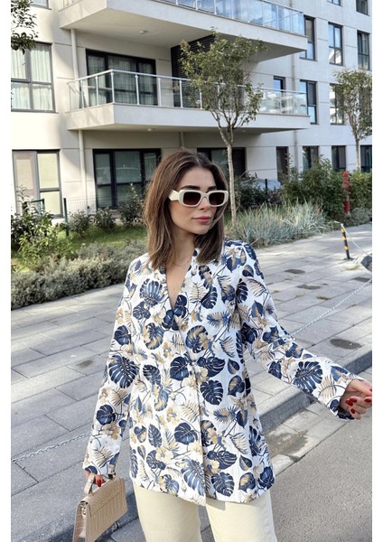 Kadın Mavi Desenli, Uzun Kol, Düğme Kapamalı, Kruvaze Ceket fiyatları