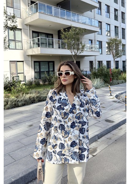 Kadın Mavi Desenli, Uzun Kol, Düğme Kapamalı, Kruvaze Ceket modelleri