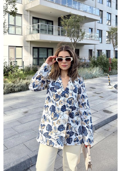 Kadın Mavi Desenli, Uzun Kol, Düğme Kapamalı, Kruvaze Ceket fırsatları