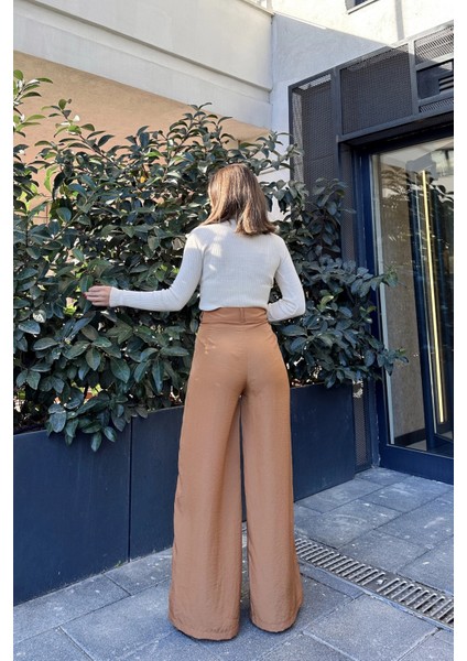 Kadın Camel Yüksek Bel, Cepli, Bol Paça Pantolon modelleri