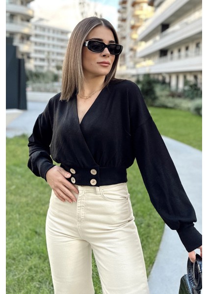 Kadın Siyah Uzun Balon Kol, Düğme Detaylı, Kruvaze Bluz Ceket