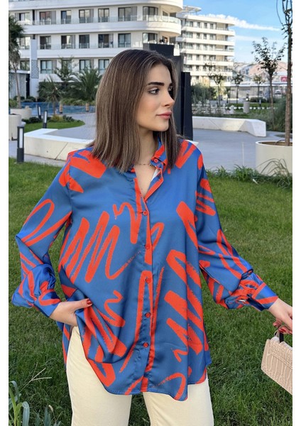 Kadın Indigo Uzun Balon Kol, Saten Kumaş, Arkası Pliseli, Salaş Dökümlü Gömlek