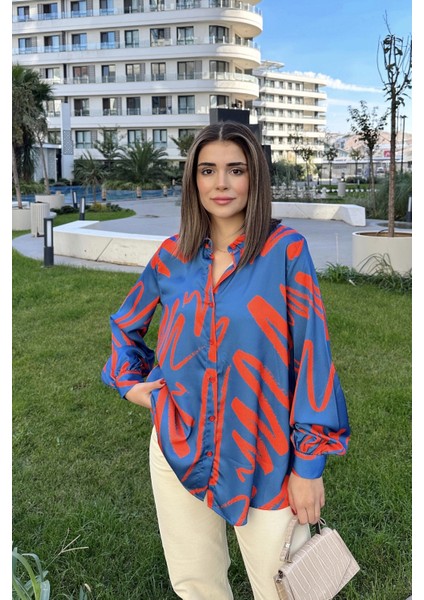 Kadın Indigo Uzun Balon Kol, Saten Kumaş, Arkası Pliseli, Salaş Dökümlü Gömlek fiyatları