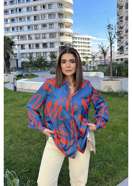 Kadın Indigo Uzun Balon Kol, Saten Kumaş, Arkası Pliseli, Salaş Dökümlü Gömlek modelleri