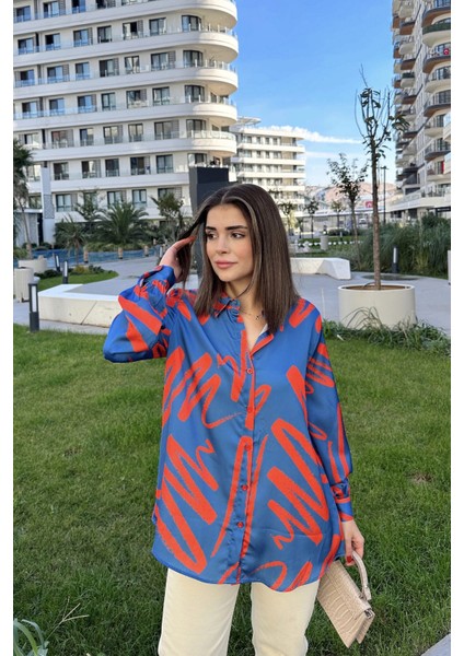 Kadın Indigo Uzun Balon Kol, Saten Kumaş, Arkası Pliseli, Salaş Dökümlü Gömlek fırsatları