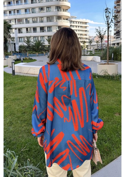 Kadın Indigo Uzun Balon Kol, Saten Kumaş, Arkası Pliseli, Salaş Dökümlü Gömlek indirimleri