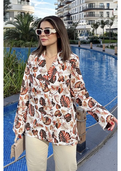 Kadın Kiremit Desenli, Uzun Kol, Düğme Kapamalı, Kruvaze Ceket