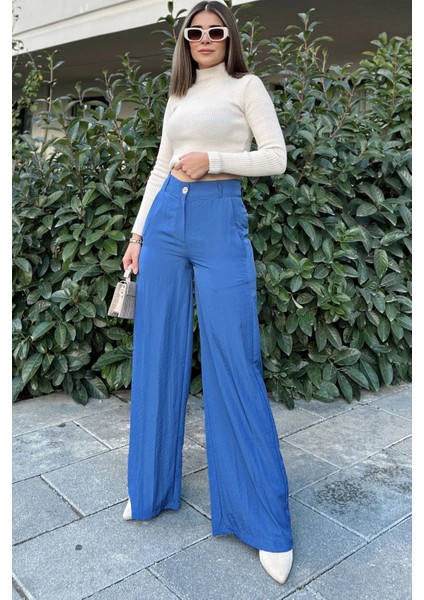 Kadın Indigo Yüksek Bel, Cepli, Bol Paça Pantolon