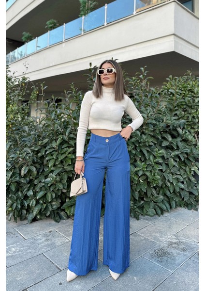 Kadın Indigo Yüksek Bel, Cepli, Bol Paça Pantolon fiyatları