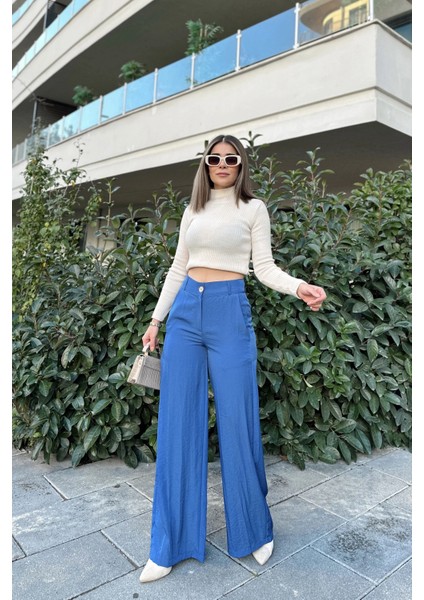 Kadın Indigo Yüksek Bel, Cepli, Bol Paça Pantolon modelleri