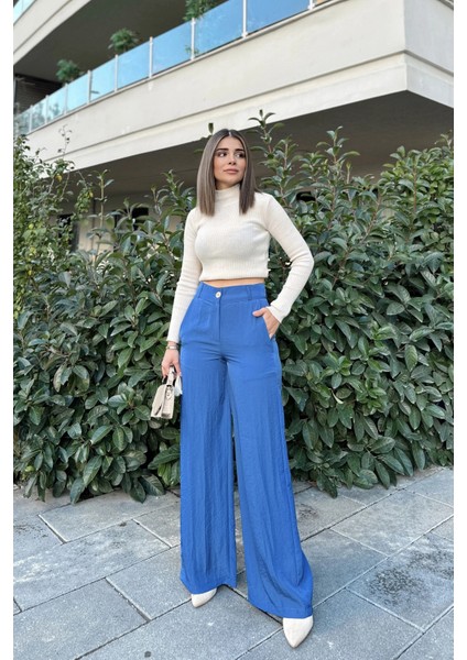 Kadın Indigo Yüksek Bel, Cepli, Bol Paça Pantolon fırsatları