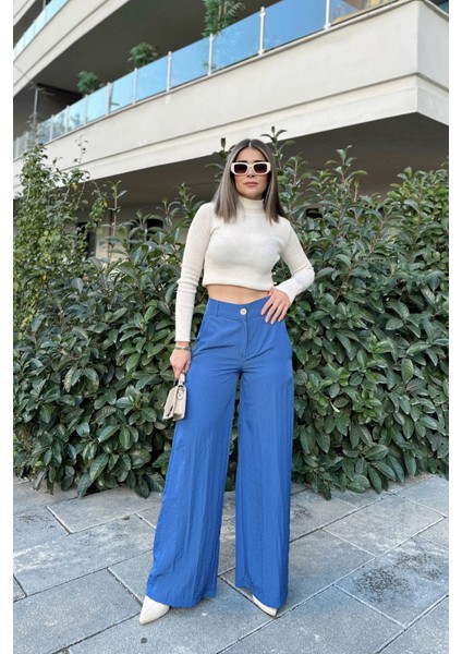 Kadın Indigo Yüksek Bel, Cepli, Bol Paça Pantolon indirimleri