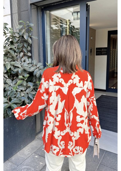 Kadın Kırmızı Uzun Kol Arkası Pliseli Salaş Dökümlü Viskon Gömlek fiyatları
