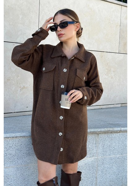 Kadın Kahve Uzun Kol, Çift Cepli, Eteği Oval Kesim, Kaşe Gömlek Elbise
