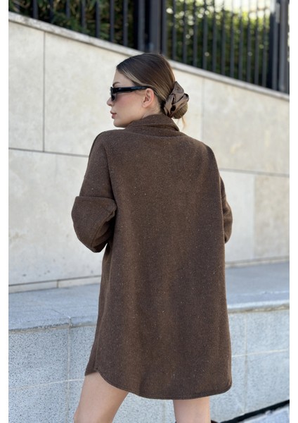 Kadın Kahve Uzun Kol, Çift Cepli, Eteği Oval Kesim, Kaşe Gömlek Elbise fiyatları
