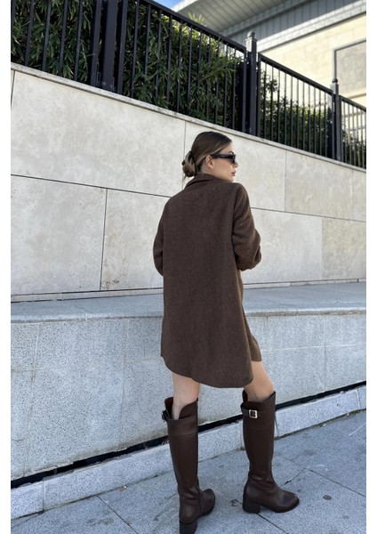 Kadın Kahve Uzun Kol, Çift Cepli, Eteği Oval Kesim, Kaşe Gömlek Elbise modelleri