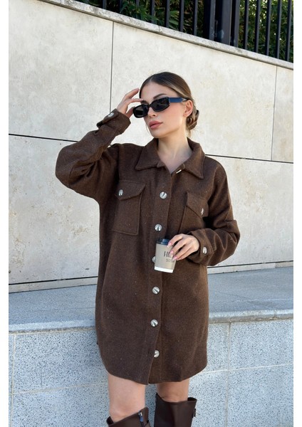 Kadın Kahve Uzun Kol, Çift Cepli, Eteği Oval Kesim, Kaşe Gömlek Elbise fırsatları