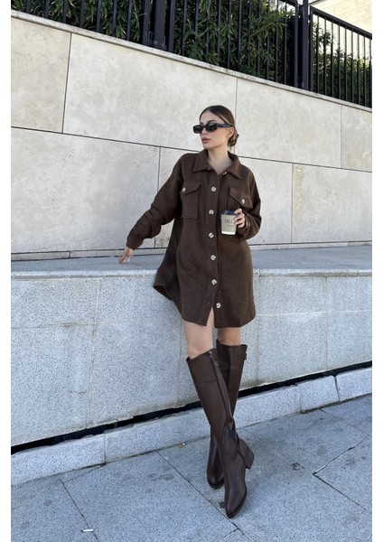 Kadın Kahve Uzun Kol, Çift Cepli, Eteği Oval Kesim, Kaşe Gömlek Elbise indirimleri