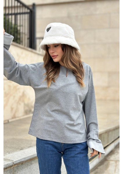 Kadın Gri Uzun Kol, Duble Manşet, Yırtmaçlı Yaka, Salaş Sweatshirt Bluz fiyatları