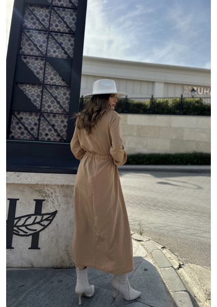 Kadın Camel Kruvaze Yaka, Yırtmaçlı, Beli Kuşaklı, Kol Bilekleri Lastikli, Salaş, Uzun Elbise