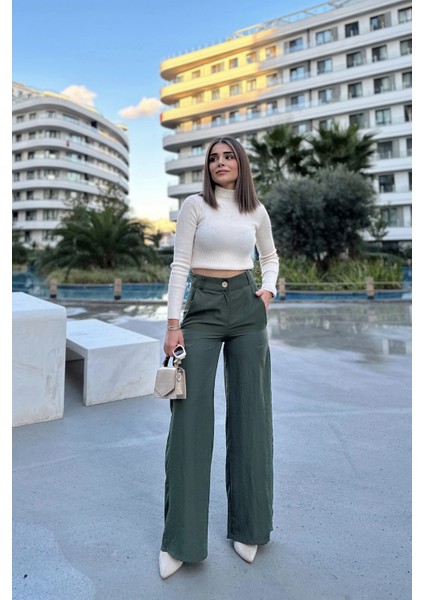 Kadın Haki Yüksek Bel, Cepli, Bol Paça Pantolon fiyatları