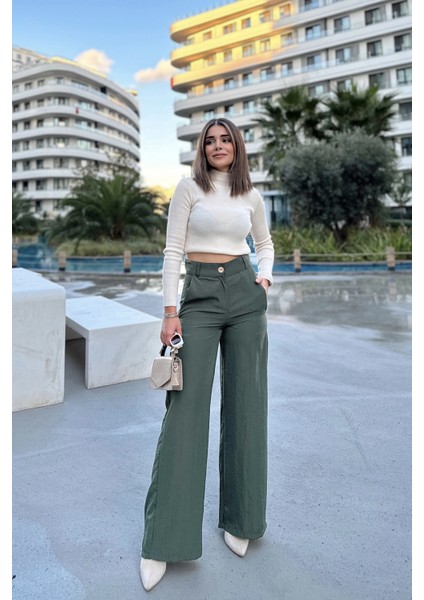 Kadın Haki Yüksek Bel, Cepli, Bol Paça Pantolon fırsatları