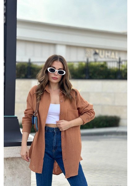 Kadın Kahıthal Müslin Kumaş Cepli Uzun Salaş Gömlek modelleri