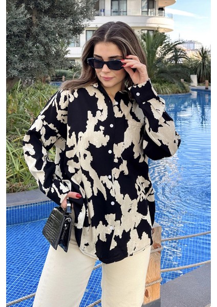 Kadın Siyah Uzun Kol Arkası Pliseli Salaş Dökümlü Viskon Gömlek