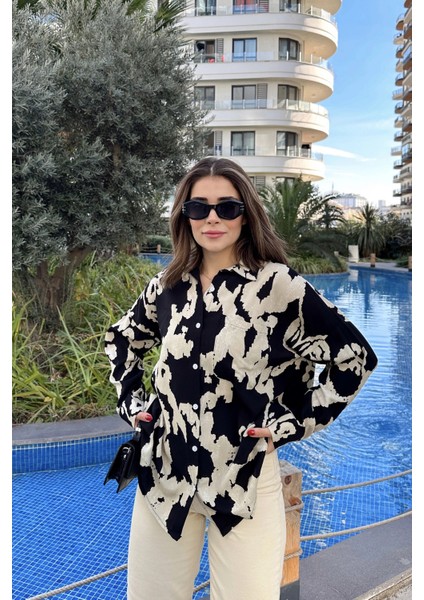 Kadın Siyah Uzun Kol Arkası Pliseli Salaş Dökümlü Viskon Gömlek modelleri