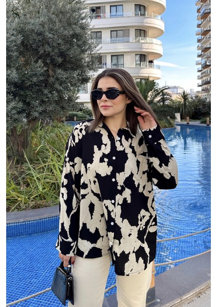 Kadın Siyah Uzun Kol Arkası Pliseli Salaş Dökümlü Viskon Gömlek fırsatları