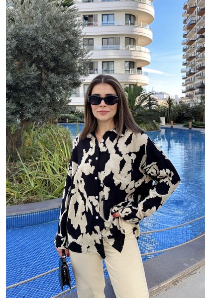 Kadın Siyah Uzun Kol Arkası Pliseli Salaş Dökümlü Viskon Gömlek indirimleri