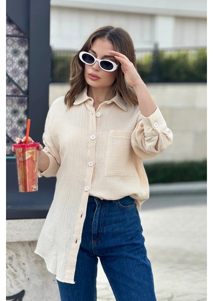 Kadın Bej Ithal Müslin Kumaş Cepli Uzun Salaş Gömlek