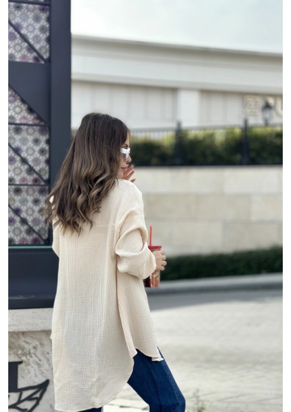 Kadın Bej Ithal Müslin Kumaş Cepli Uzun Salaş Gömlek fiyatları