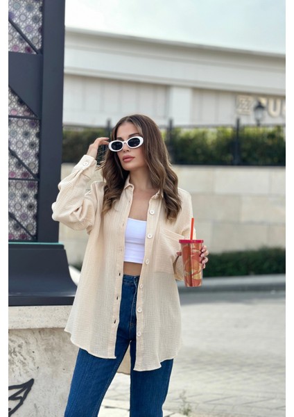 Kadın Bej Ithal Müslin Kumaş Cepli Uzun Salaş Gömlek modelleri