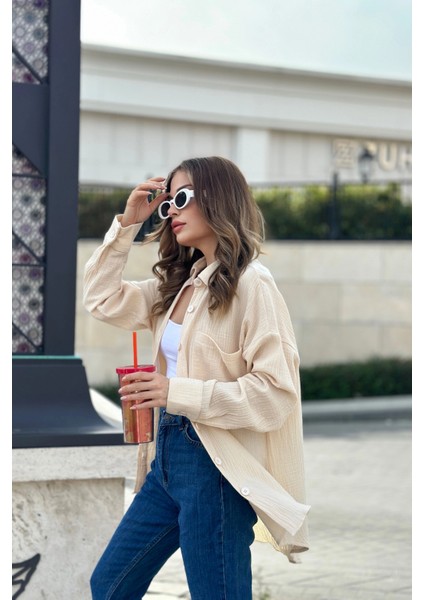 Kadın Bej Ithal Müslin Kumaş Cepli Uzun Salaş Gömlek fırsatları