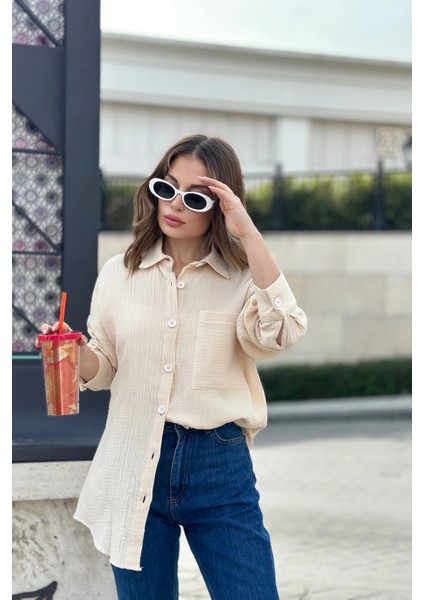 Kadın Bej Ithal Müslin Kumaş Cepli Uzun Salaş Gömlek indirimleri