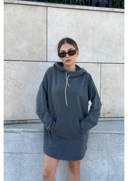 Kadın Antrasit Uzun Kol Yakası Bağcıklı Kapüşonlu Kanguru Cep Salaş Uzun Tunik Sweatshirt fırsatları