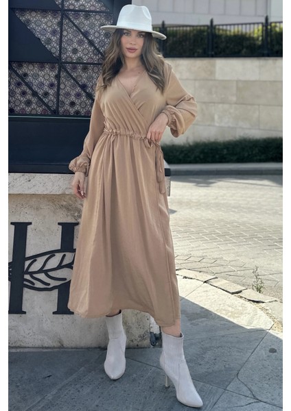 Kadın Camel Kruvaze Yaka, Yırtmaçlı, Beli Kuşaklı, Kol Bilekleri Lastikli, Salaş, Uzun Elbise