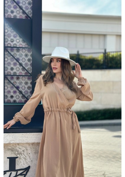 Kadın Camel Kruvaze Yaka, Yırtmaçlı, Beli Kuşaklı, Kol Bilekleri Lastikli, Salaş, Uzun Elbise fiyatları