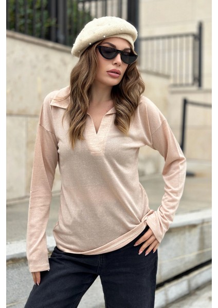 Kadın Bej Basic Stil Polo Yaka Uzun Kollu Keten Bluz Sweatshirt