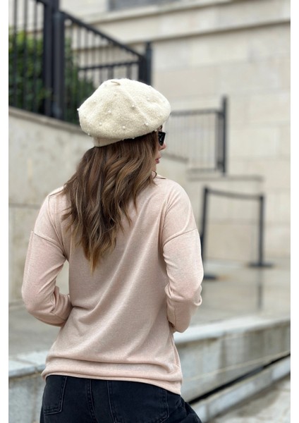 Kadın Bej Basic Stil Polo Yaka Uzun Kollu Keten Bluz Sweatshirt modelleri