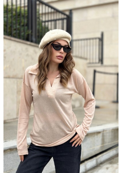 Kadın Bej Basic Stil Polo Yaka Uzun Kollu Keten Bluz Sweatshirt fırsatları