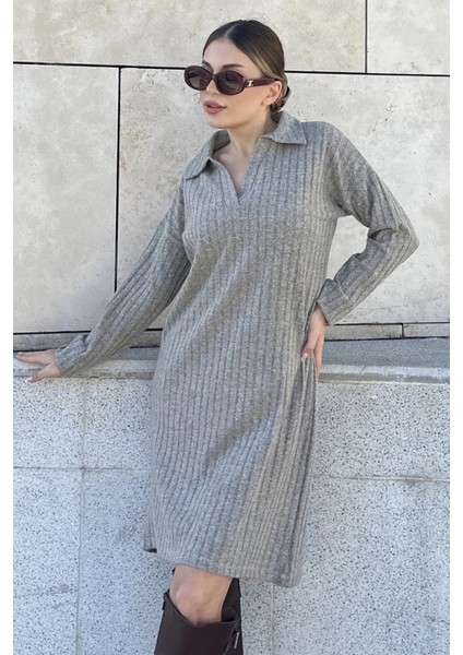 Kadın Bej Polo Yaka Basic Kalıp Uzun Kollu Midi Triko Elbise